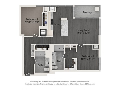 Floor plan for 2 beds, 2 baths, 1078 sqft